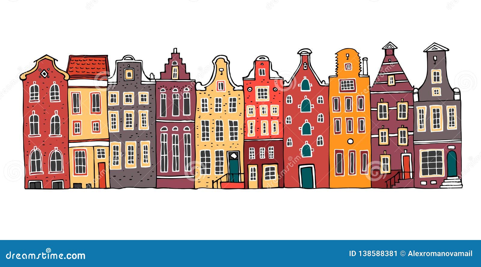 amsterdam colorful  sketch hand drawn . cartoon outline houses facades in a row